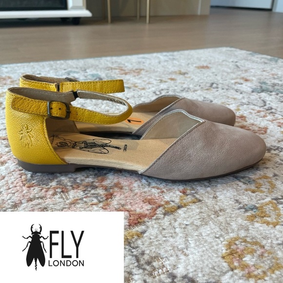 Fly London Shoes - Fly London Strap Flats in Concrete (grey) and Lemon (Yellow)